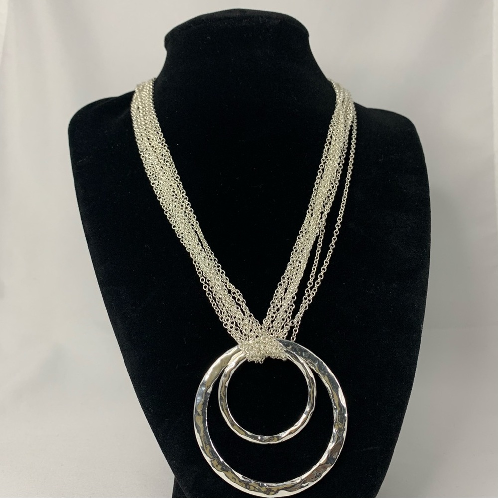 Circle Pendant,Hammered, Silver Tone, Multi-strand